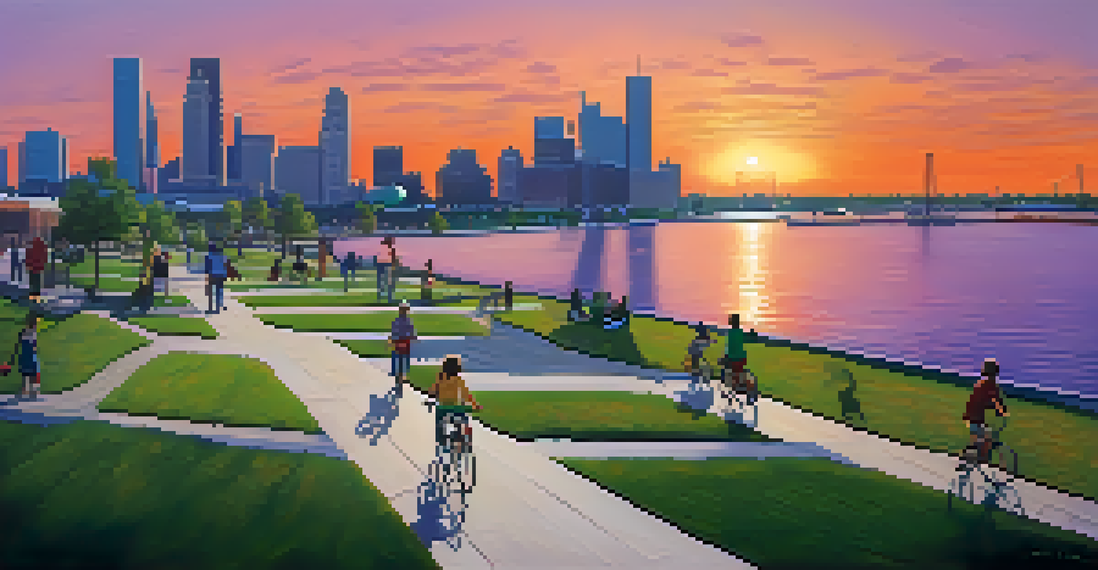 A scenic view of the revitalized Detroit Riverfront with people enjoying the space against a colorful sunset.