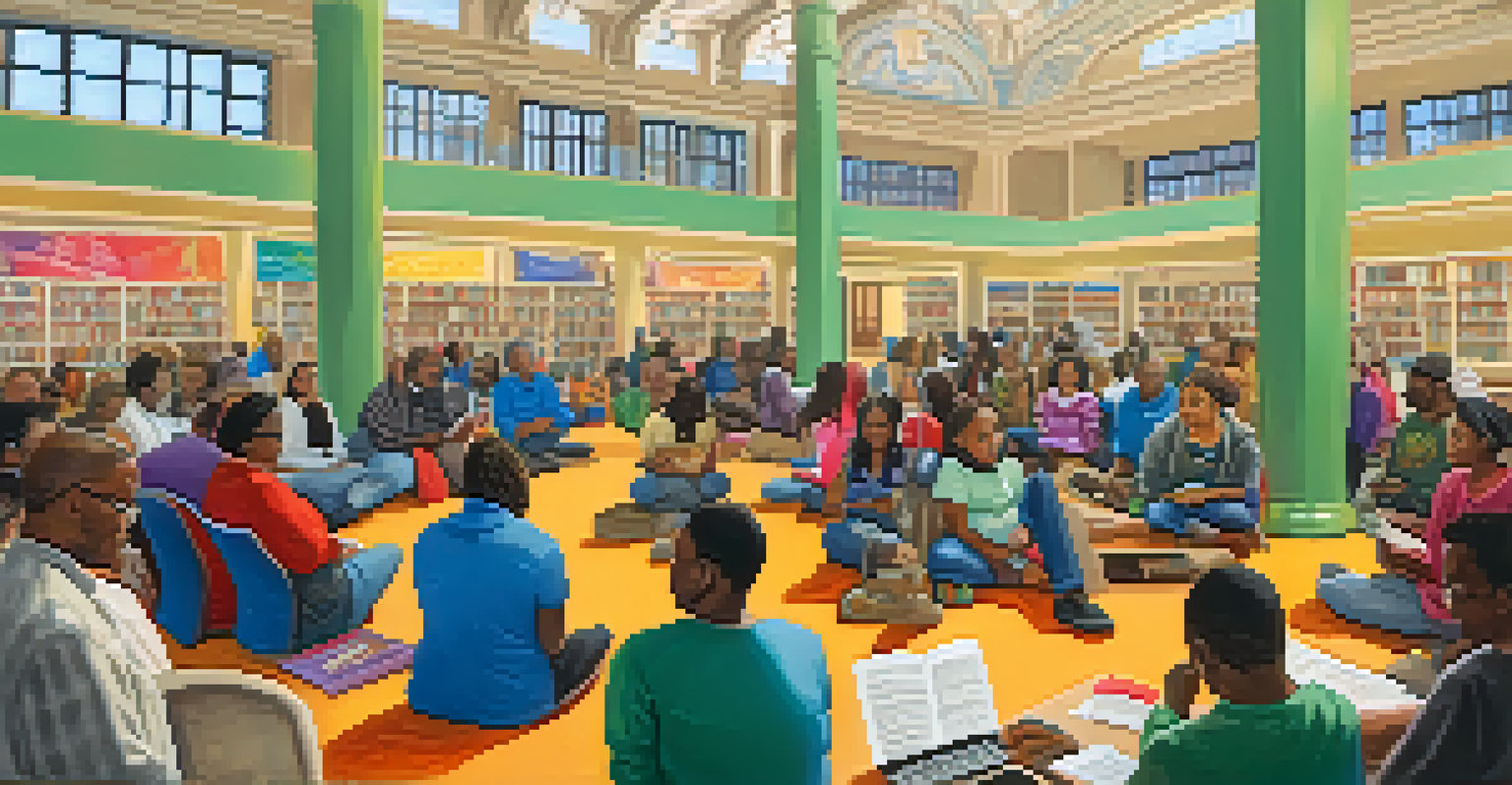 A lively community event in a Detroit library featuring local authors reading to a diverse audience, surrounded by colorful decorations and art displays.