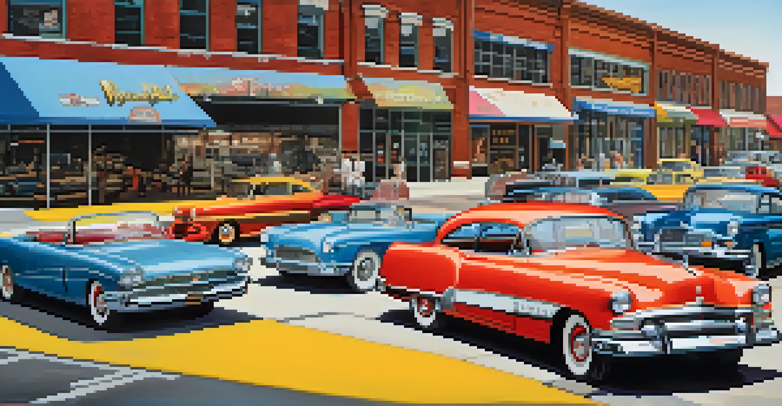 A creative timeline illustrating the evolution of automotive design in Detroit, featuring iconic cars from various decades.