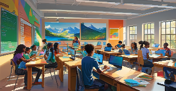 A diverse group of students engaged in online learning in a colorful classroom filled with educational posters and sunlight.