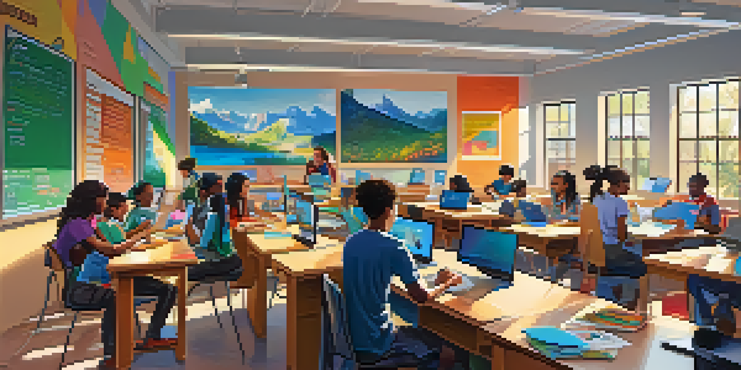 A diverse group of students engaged in online learning in a colorful classroom filled with educational posters and sunlight.