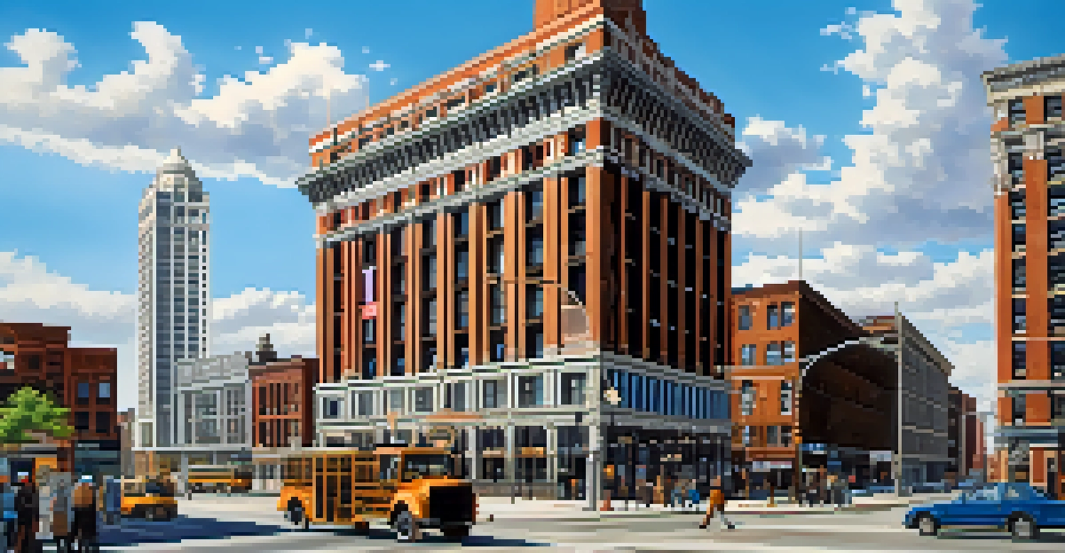 The restored Book Tower in Detroit with workers and pedestrians, showcasing urban revitalization.