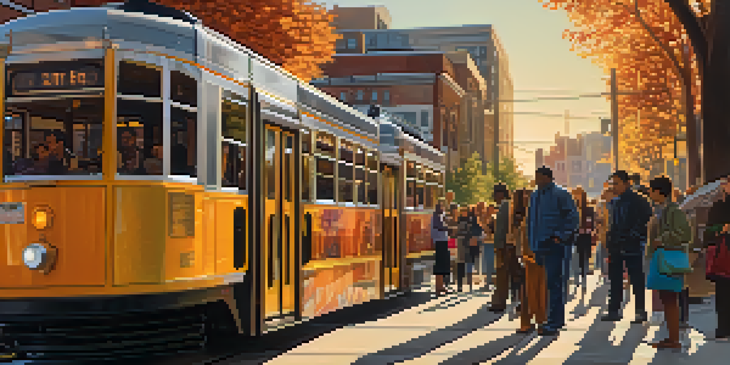 A busy Detroit street with a modern streetcar and vibrant murals, showcasing diverse residents and autumn trees during sunset.