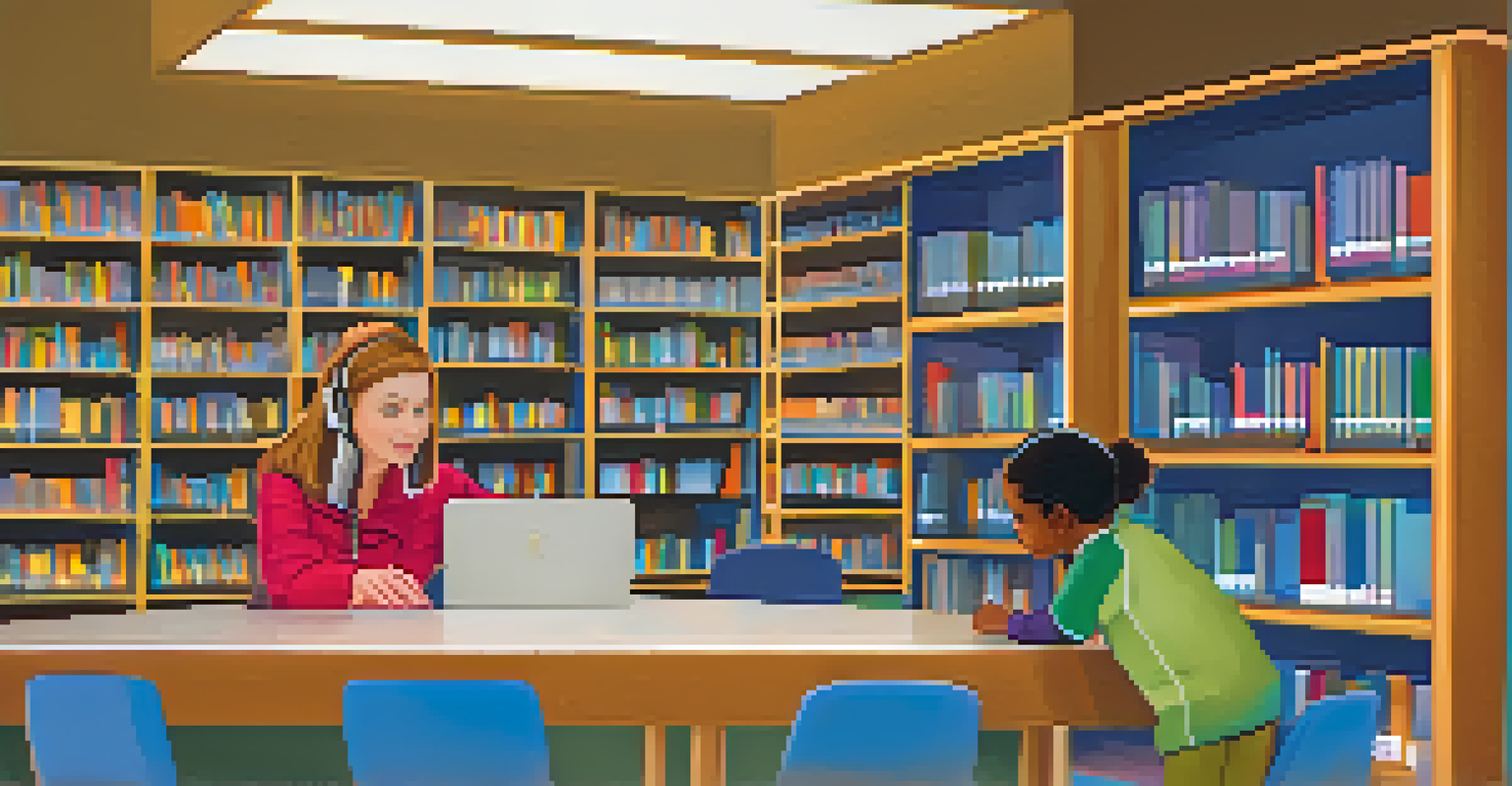 A librarian helping a young patron at a computer station, surrounded by bookshelves and a vibrant digital literacy poster in a library.