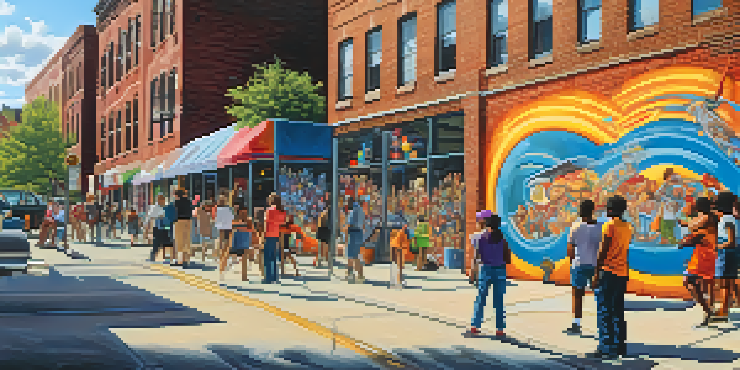 A vibrant Detroit street art scene with artists painting murals and art enthusiasts admiring the work in a colorful urban environment.
