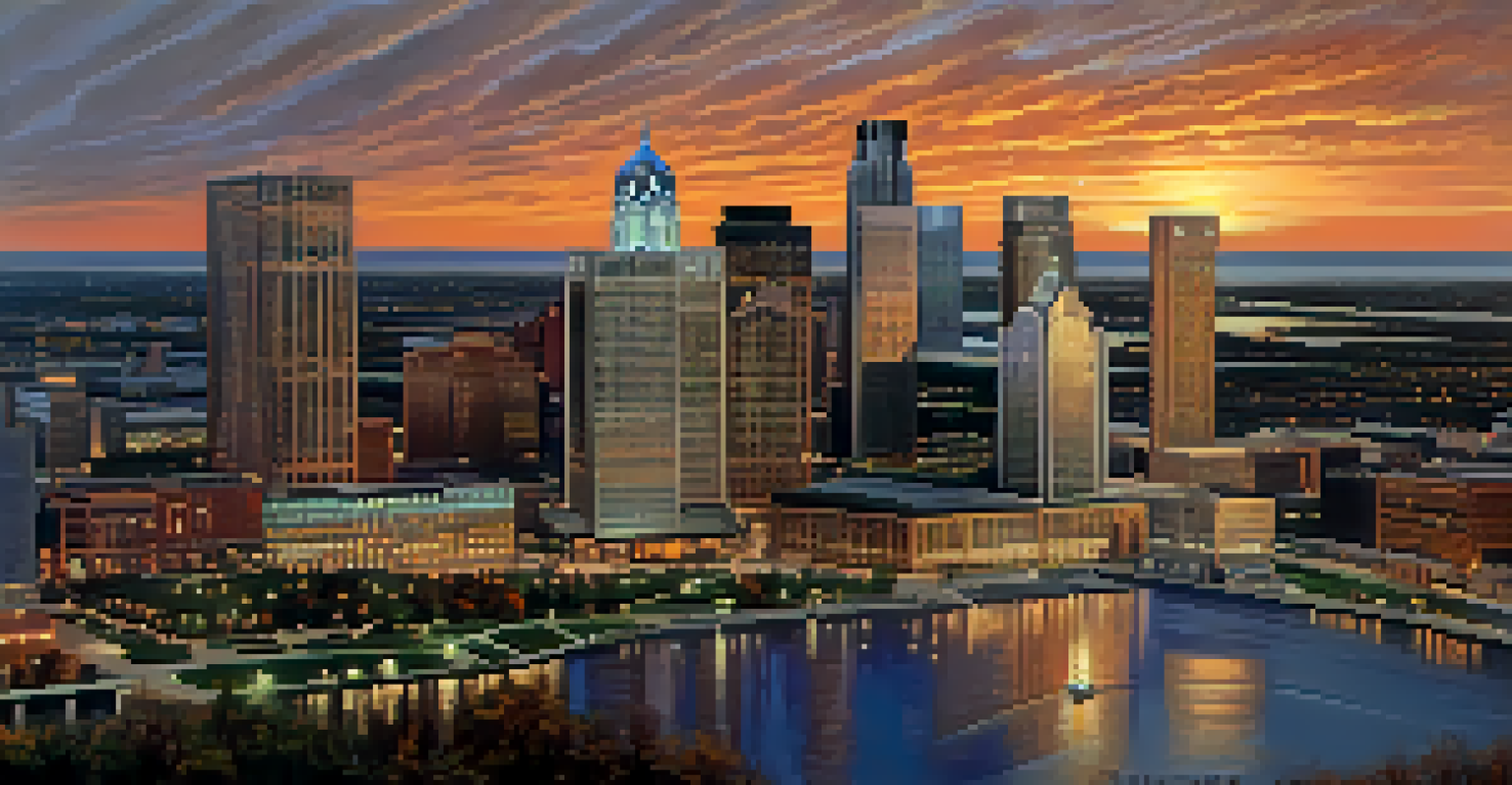 An aerial view of Detroit's skyline at sunset, featuring the Renaissance Center and other skyscrapers reflecting the sunset colors.