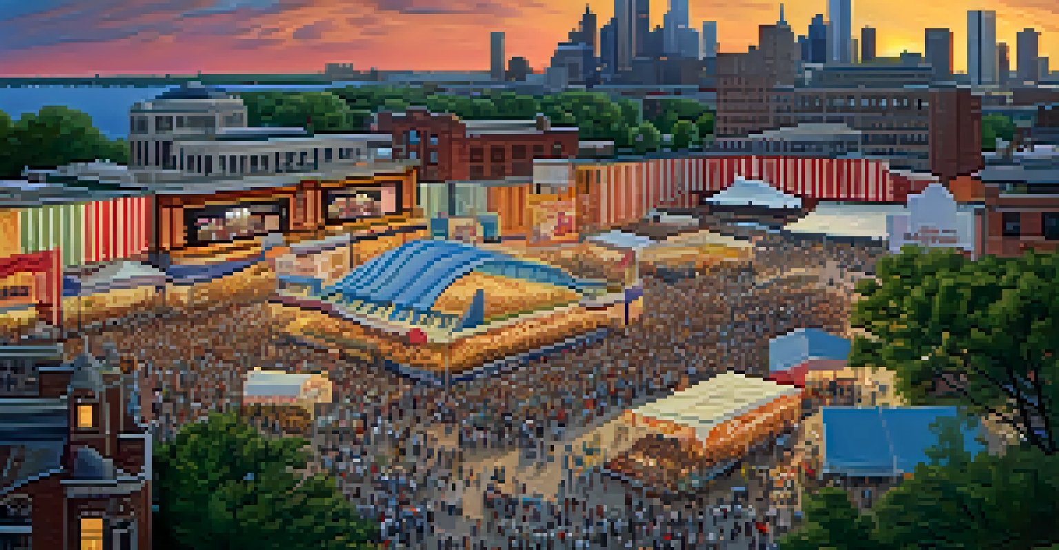 An aerial view of the Detroit Jazz Festival with a large crowd, musicians, food stalls, and the city skyline at sunset.