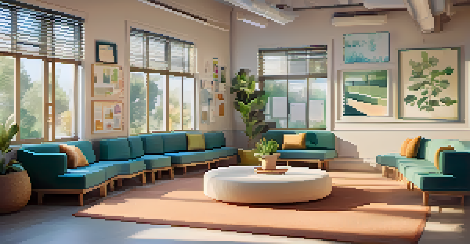 A calming school environment with students practicing mindfulness exercises in a cozy corner, surrounded by soft colors and plants.
