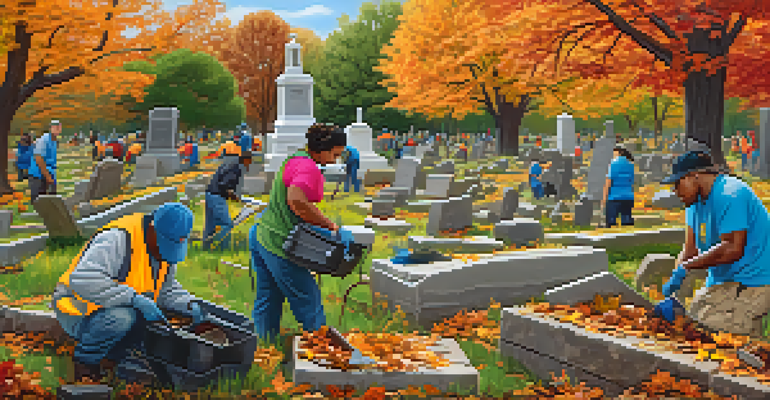 Volunteers participating in a community cleanup event at a historic cemetery in Detroit, surrounded by autumn foliage.