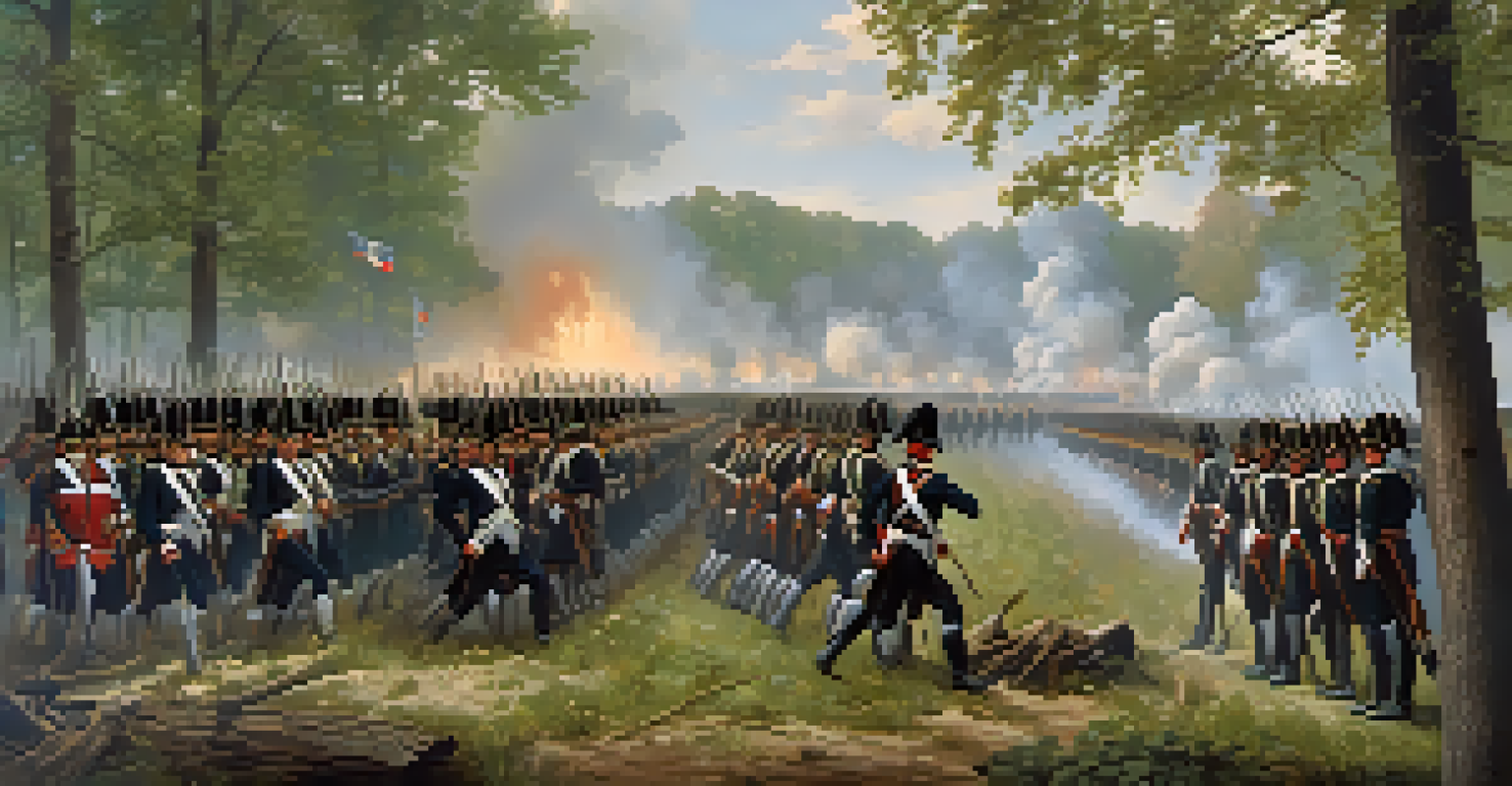 A dramatic scene from the Battle of Detroit in 1812, featuring General Hull and American troops in a chaotic battlefield setting.