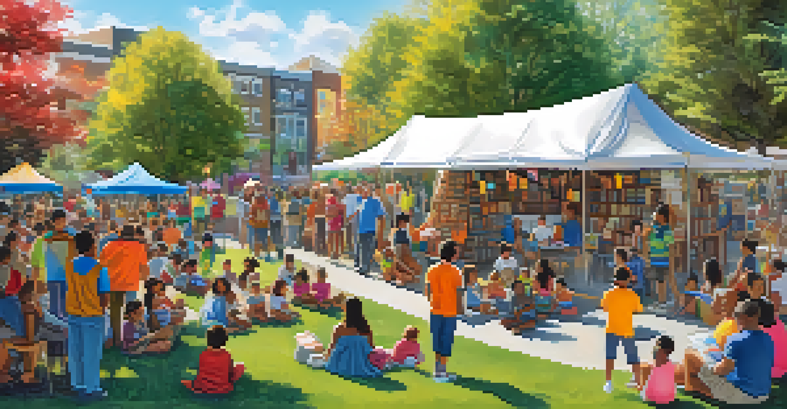 An outdoor library event with a diverse crowd enjoying art displays, performances, and community interactions in a vibrant park setting.