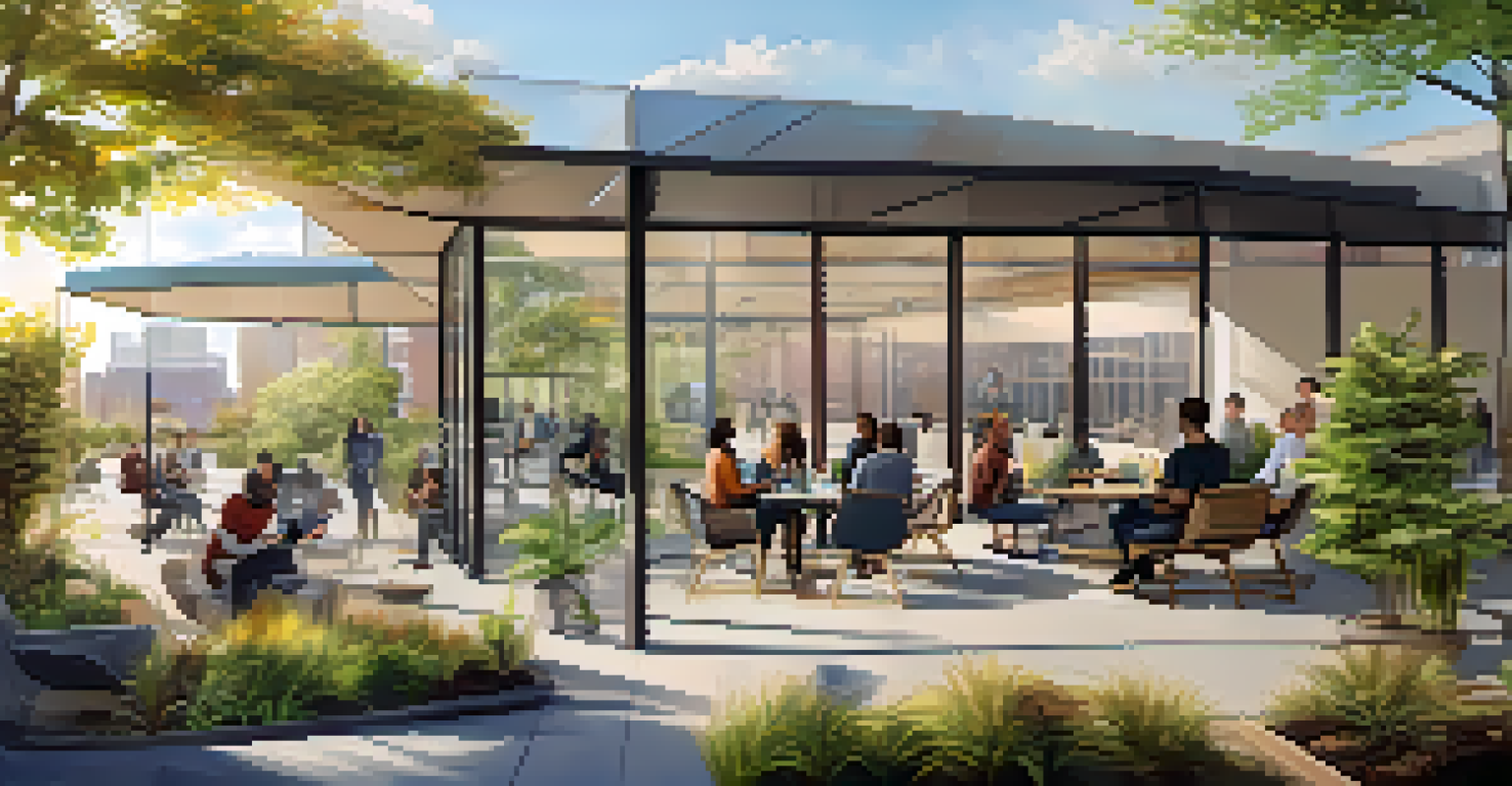A panoramic image of a tech startup incubator in Detroit, showcasing modern architecture and outdoor networking spaces filled with people.