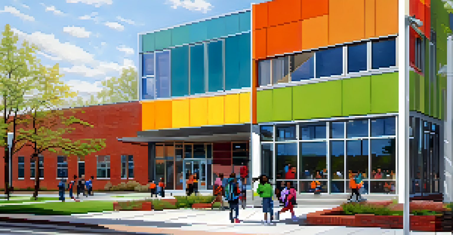 The exterior of a modern charter school in Detroit, featuring bright colors and landscaped gardens with students walking outside.