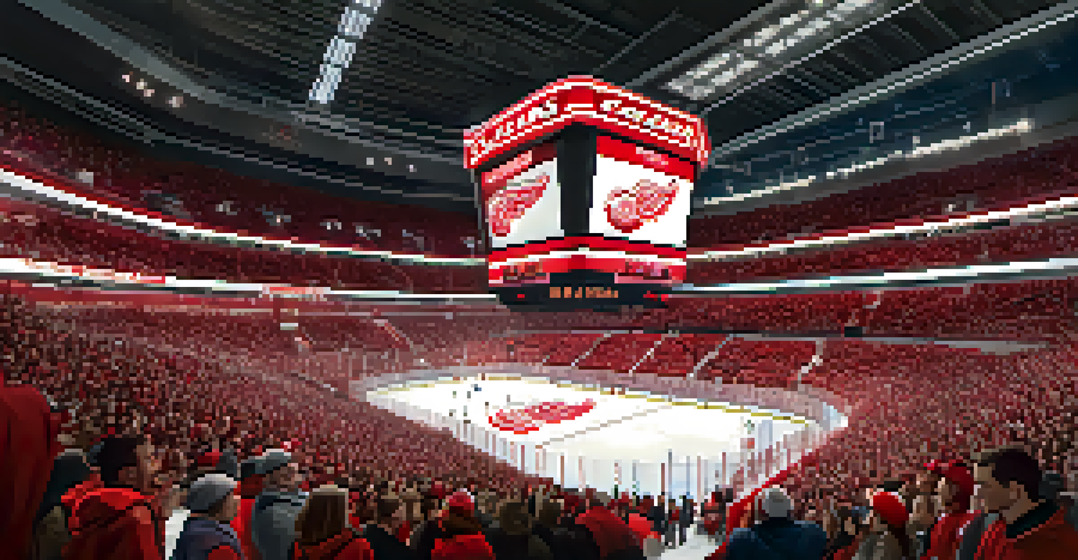 Interior view of Little Caesars Arena during a Red Wings hockey game, filled with cheering fans and an illuminated ice rink.