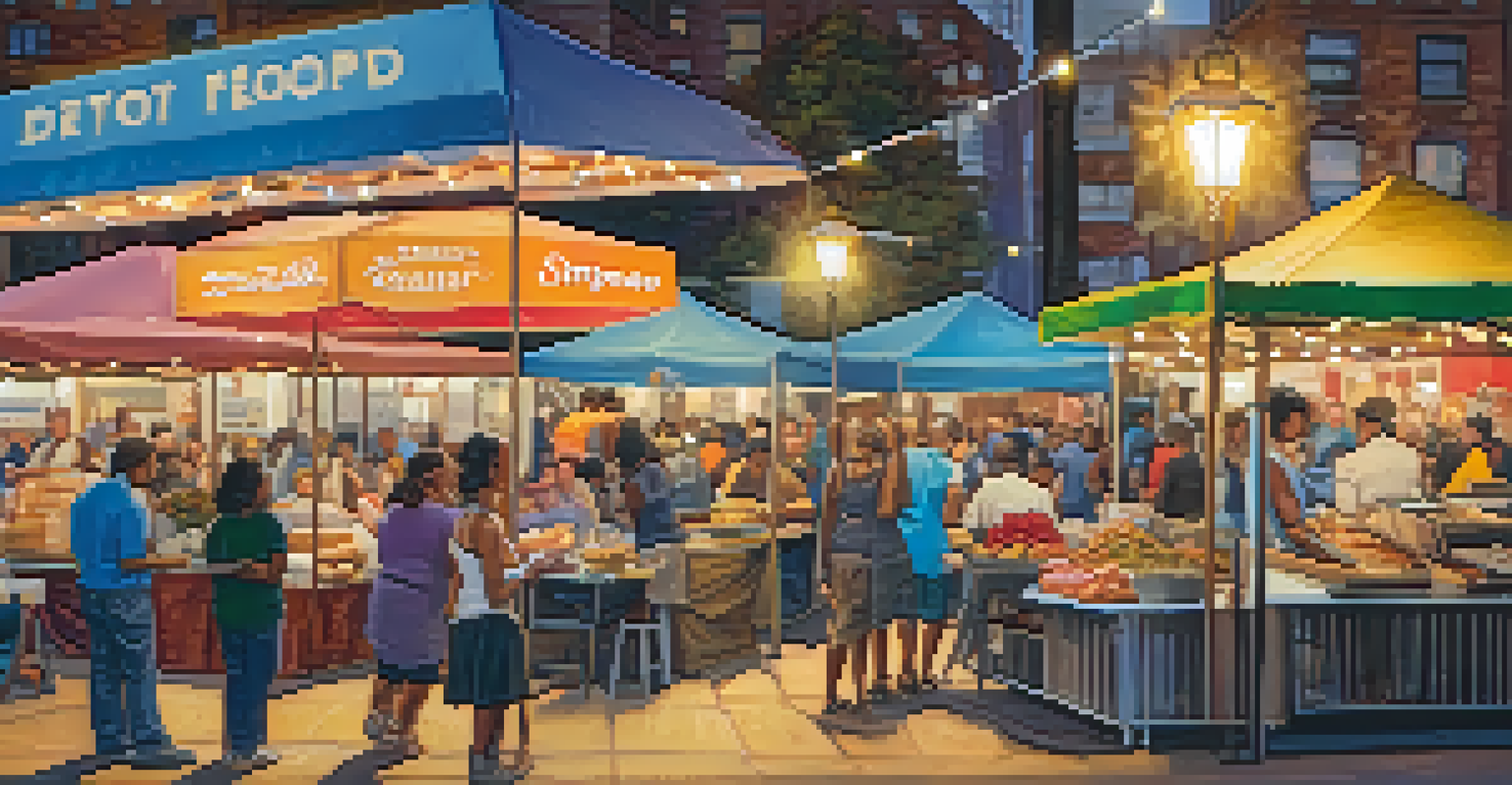 A vibrant food vendor stall at a Detroit art festival, showcasing a variety of colorful dishes and a lively atmosphere with festival-goers enjoying their meals.