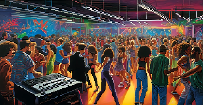 A lively underground techno party in 1980s Detroit, showcasing people dancing under strobe lights, surrounded by synthesizers and graffiti.