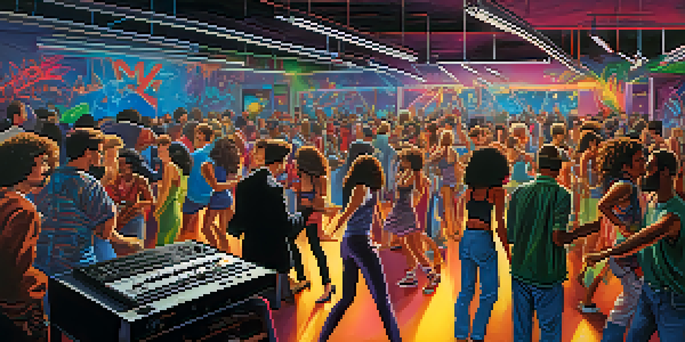 A lively underground techno party in 1980s Detroit, showcasing people dancing under strobe lights, surrounded by synthesizers and graffiti.