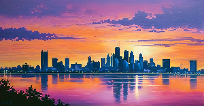 A sunset over Detroit's skyline with colorful reflections on the Great Lakes.