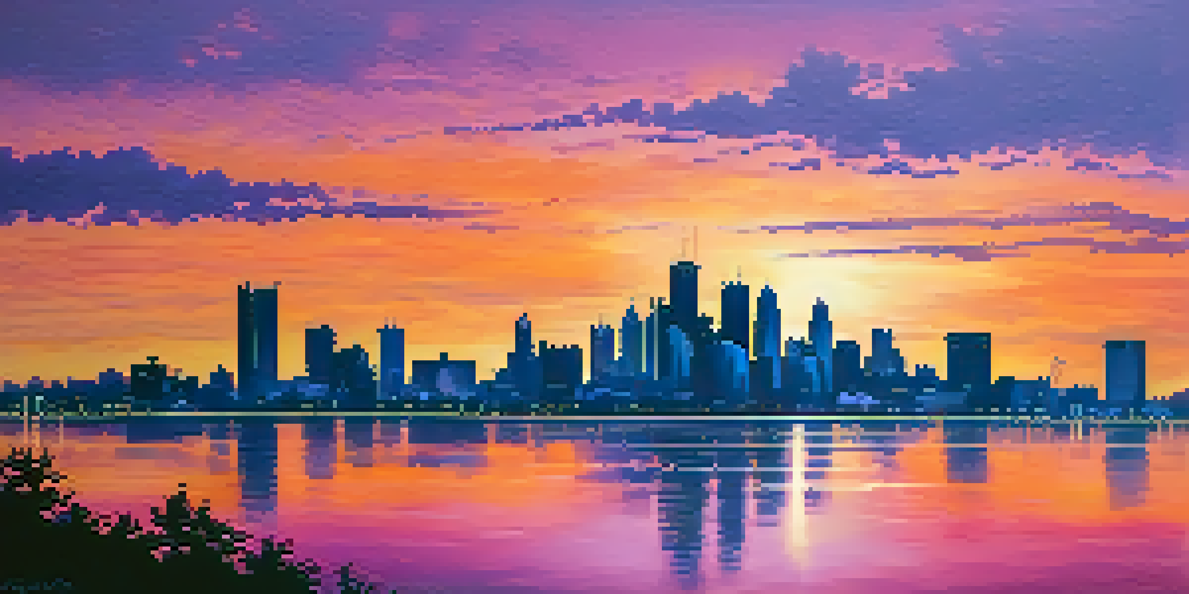 A sunset over Detroit's skyline with colorful reflections on the Great Lakes.