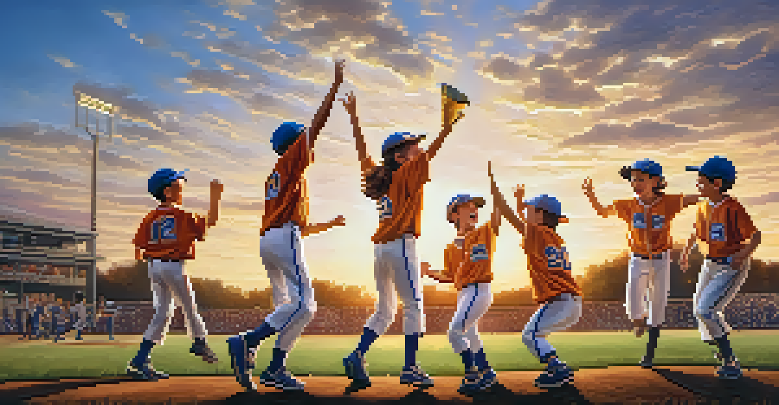 A youth baseball team celebrating a victory on the field, with players high-fiving and a trophy on the ground during sunset.