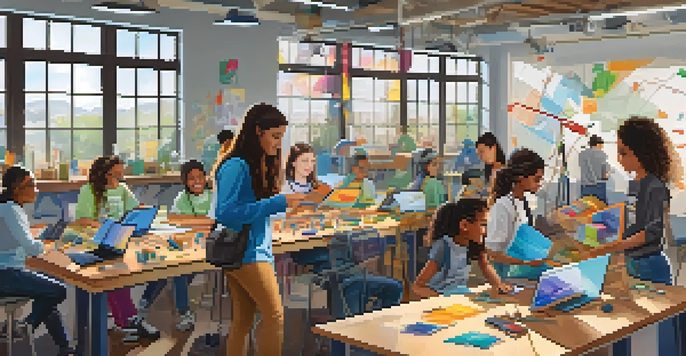 A diverse group of students collaborating on a robotics project in a brightly lit classroom, showcasing enthusiasm and teamwork.