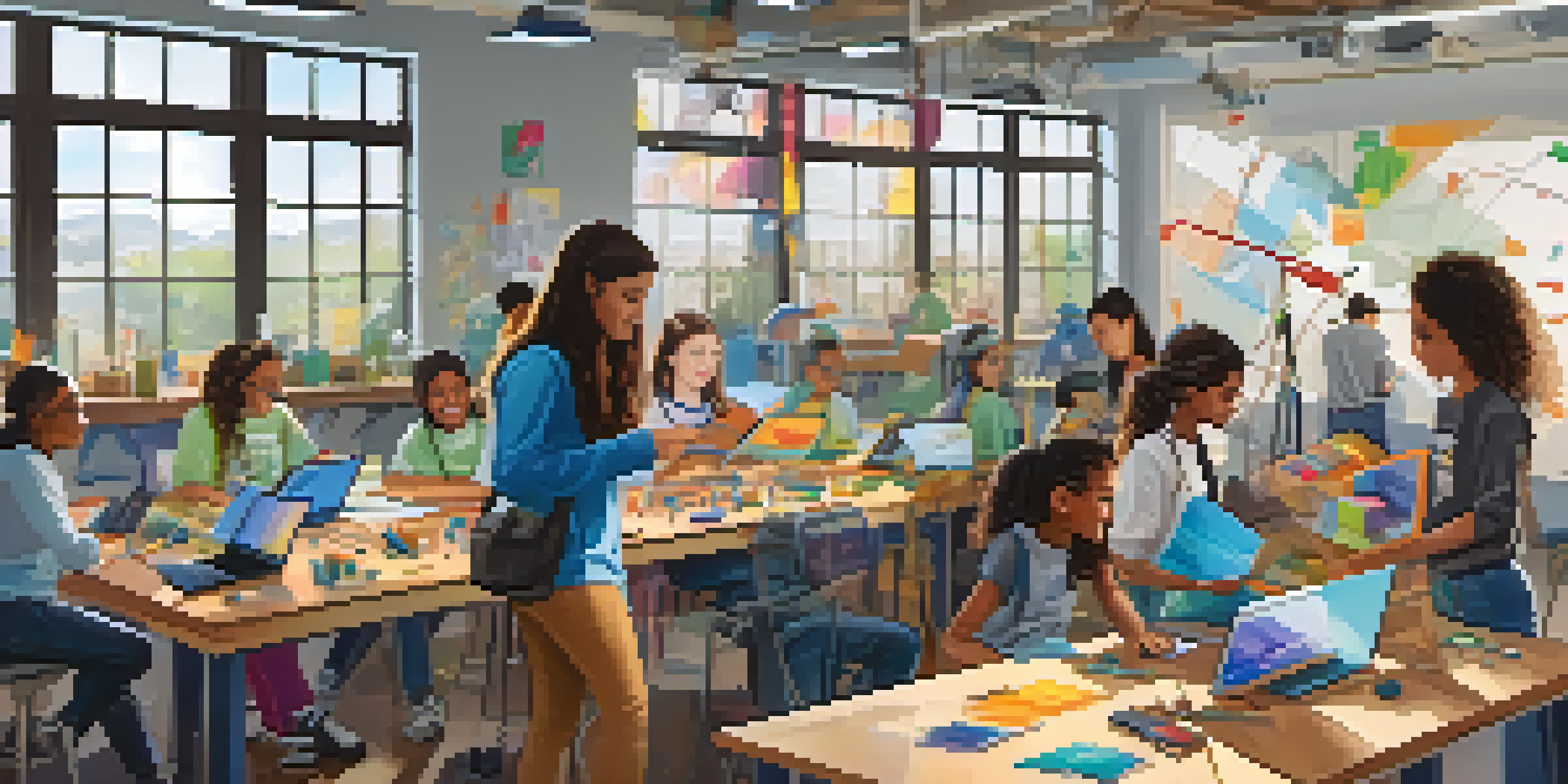 A diverse group of students collaborating on a robotics project in a brightly lit classroom, showcasing enthusiasm and teamwork.