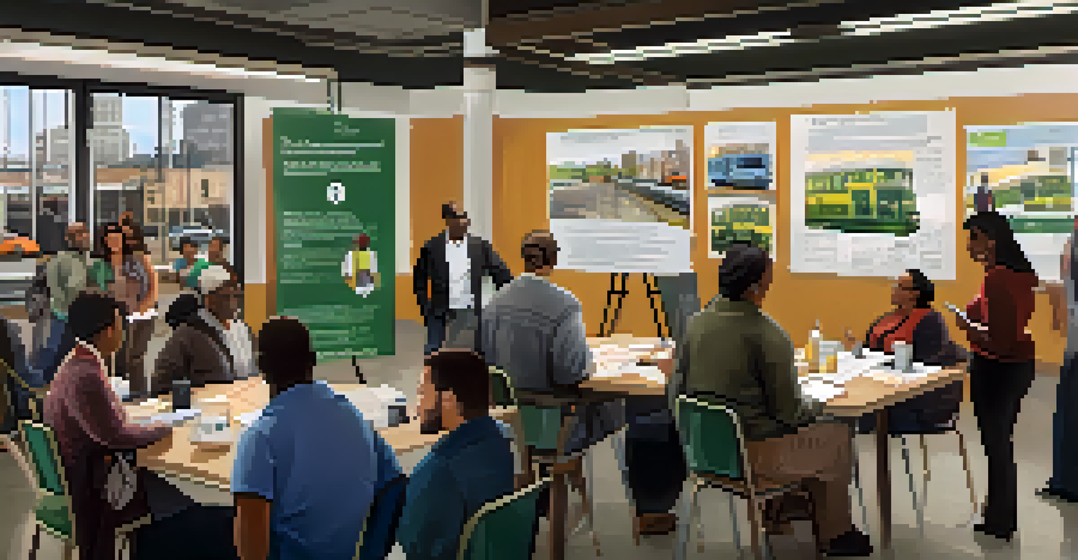 A community workshop in Detroit where residents are discussing public transit accessibility, with collaborative discussions around flip charts and informational materials in a warm-lit room.