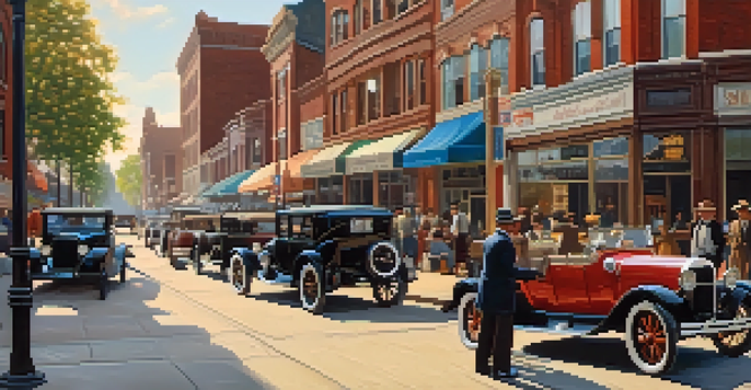 A historic street scene in early 20th-century Detroit with vintage cars and bustling pedestrians in period clothing.