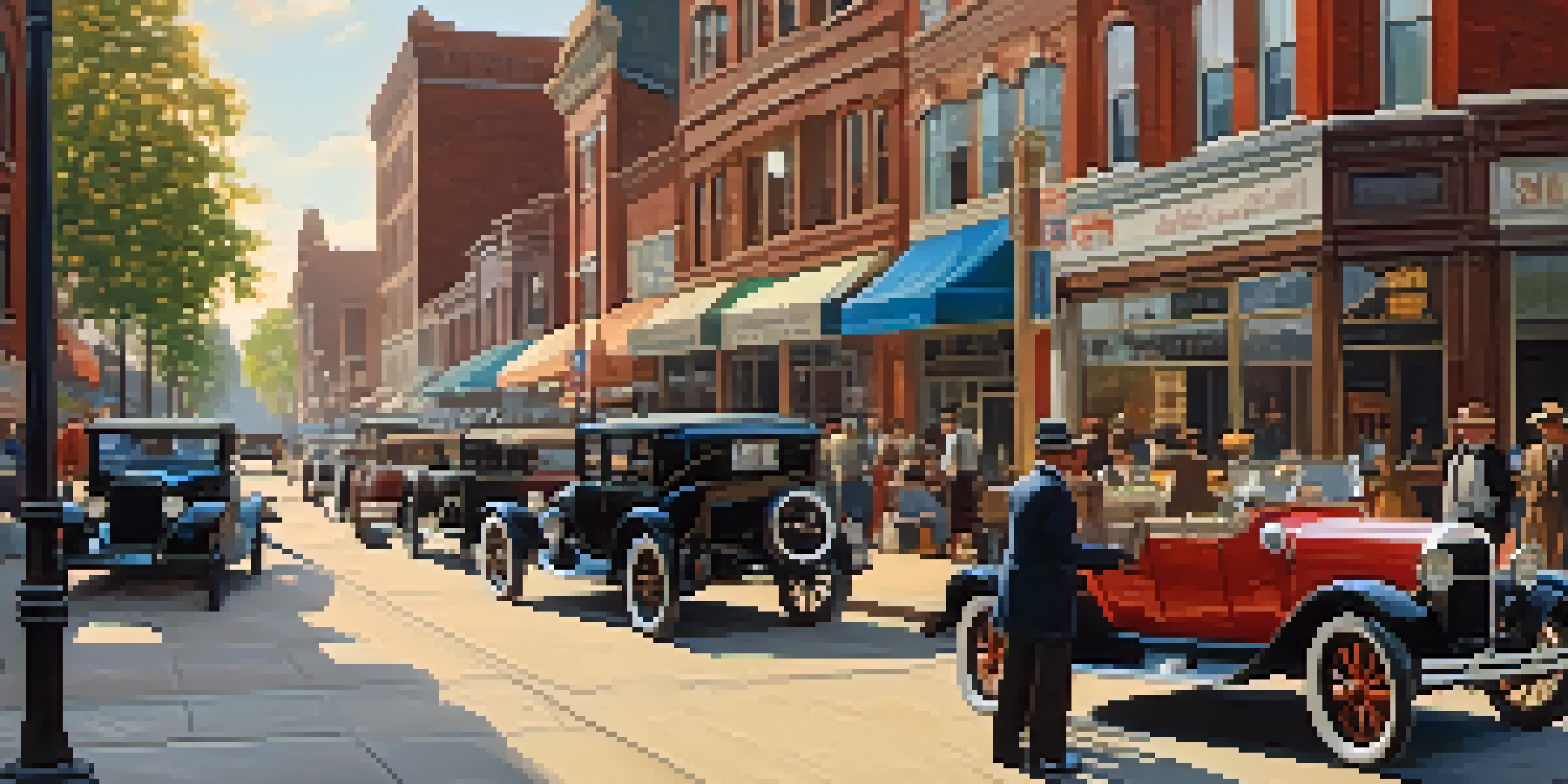 A historic street scene in early 20th-century Detroit with vintage cars and bustling pedestrians in period clothing.