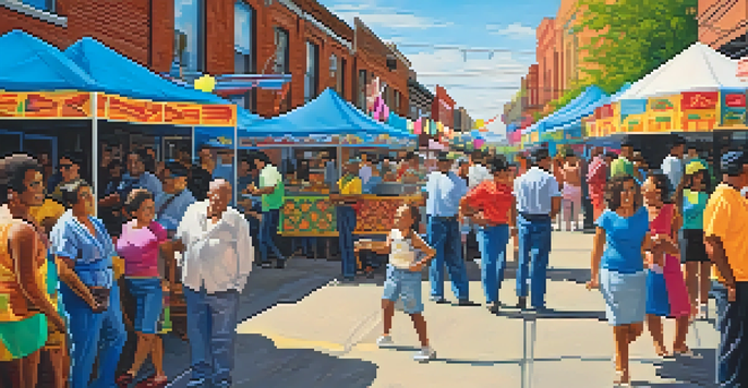 A bustling street festival in Southwest Detroit with colorful decorations, people enjoying traditional Latino foods, and live music and dance performances.
