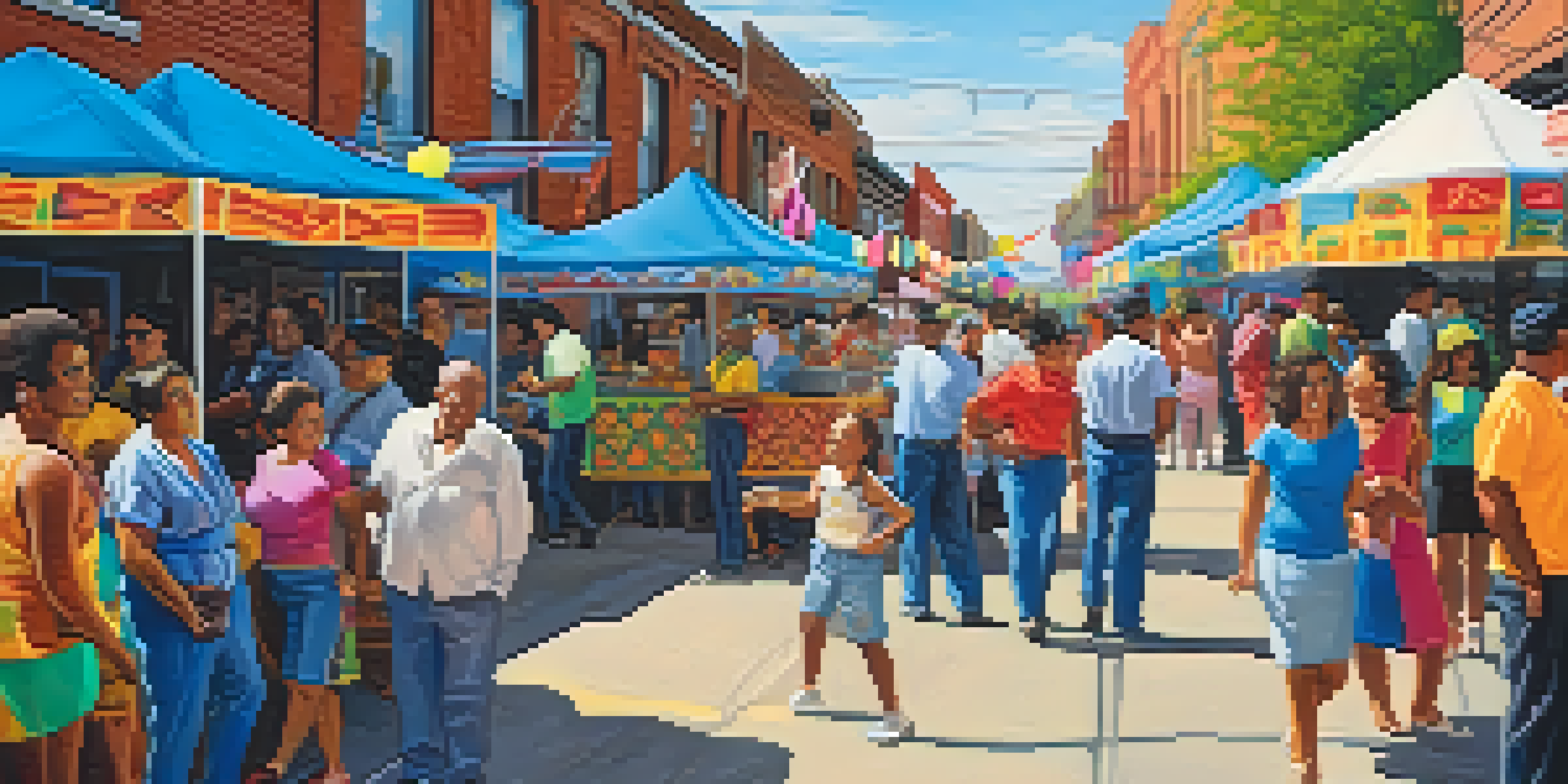 A bustling street festival in Southwest Detroit with colorful decorations, people enjoying traditional Latino foods, and live music and dance performances.