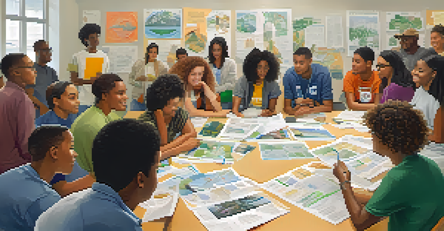 A diverse group of young activists in a community center discussing environmental sustainability, surrounded by posters and a whiteboard with plans.