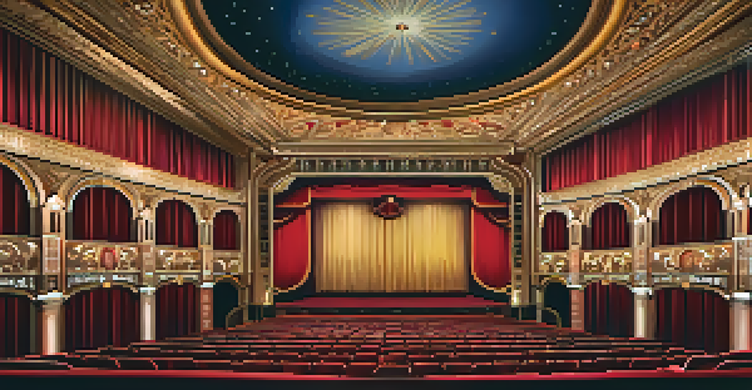 A photo of the interior of the Fox Theatre in Detroit, featuring lavish Art Deco designs, ornate ceilings, plush seating, and warm ambient lighting.