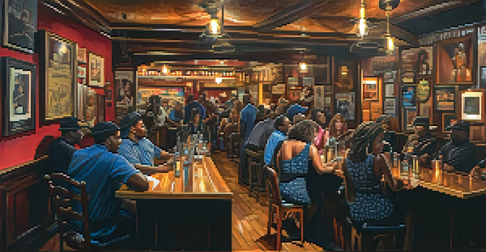 A lively blues performance in a cozy bar in Detroit, with musicians and an engaged audience, showcasing the city's musical heritage.