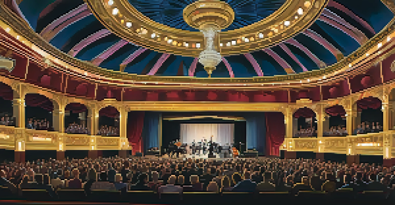 The ornate interior of the Grande Ballroom, featuring a stage with instruments and a lively audience.