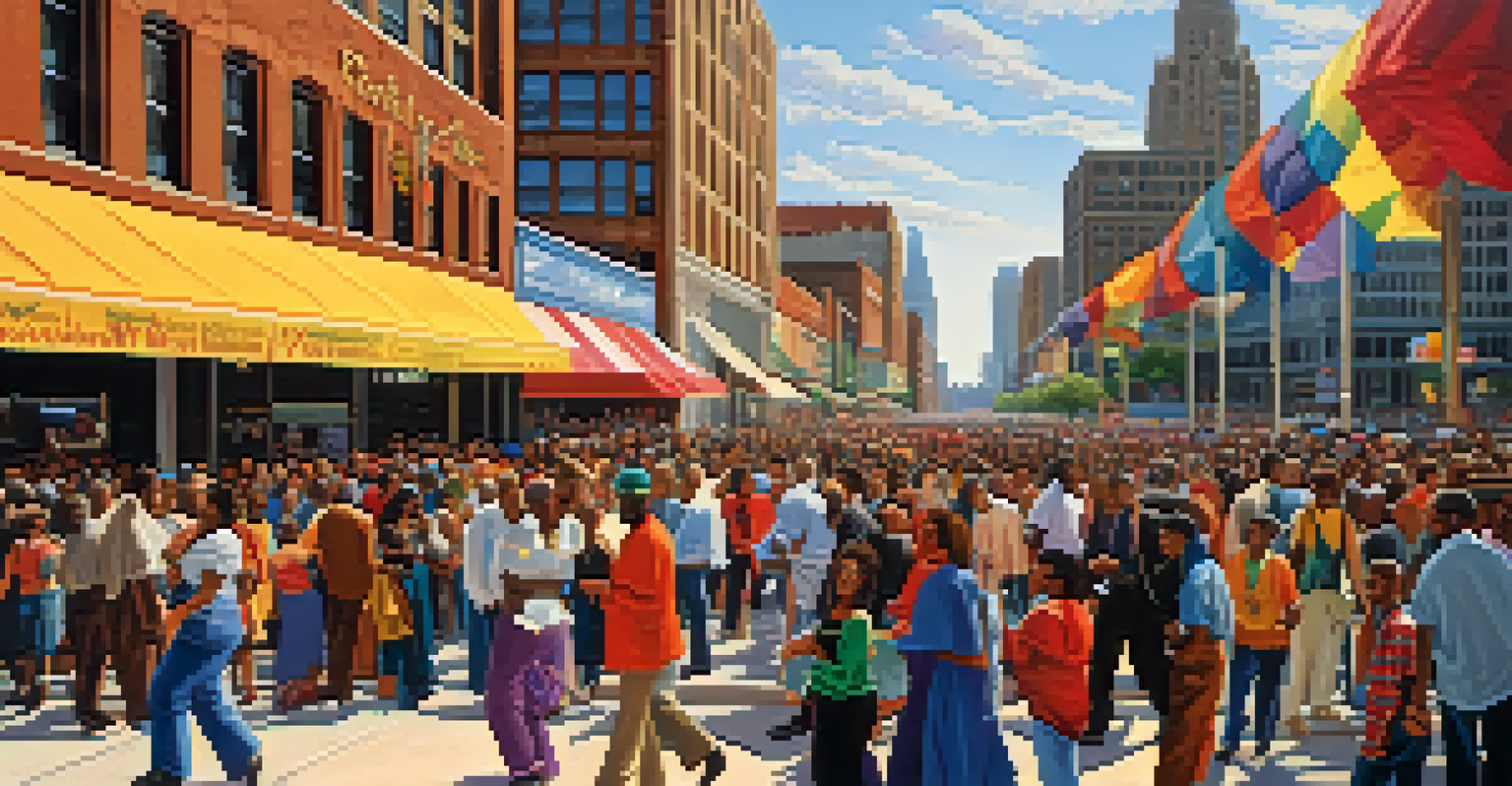 A community gathering in downtown Detroit during the 1990s, featuring diverse people and colorful art, with the Renaissance Center in the background.