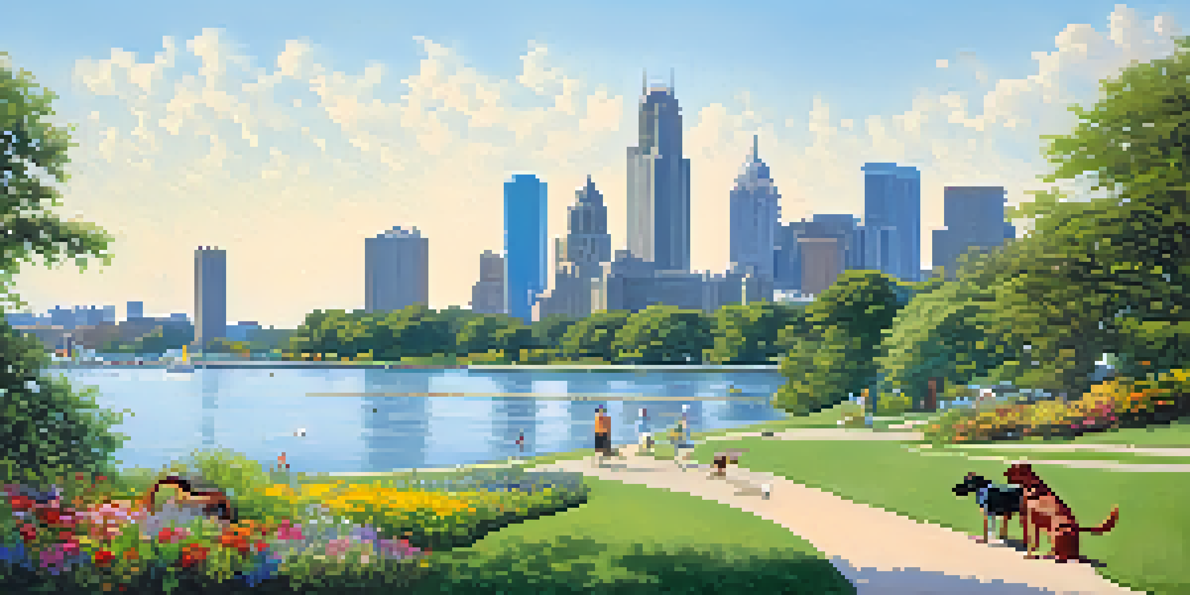 A picturesque scene of Belle Isle Park with dogs playing in the water and the Detroit skyline in the background.