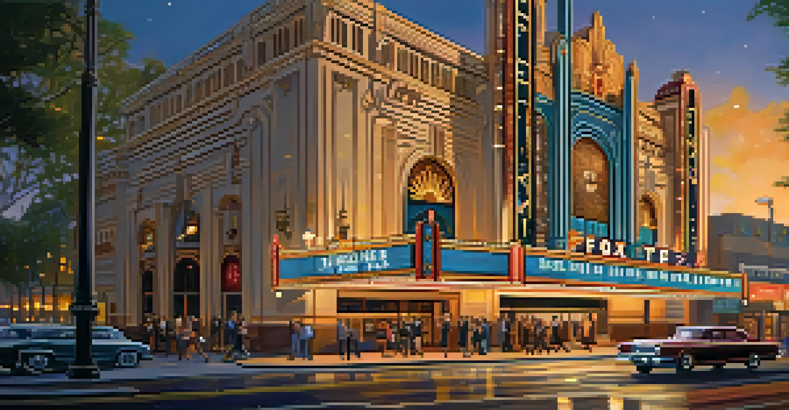The Fox Theatre in Detroit illuminated at night, showcasing its Art Deco architecture with a crowd entering.