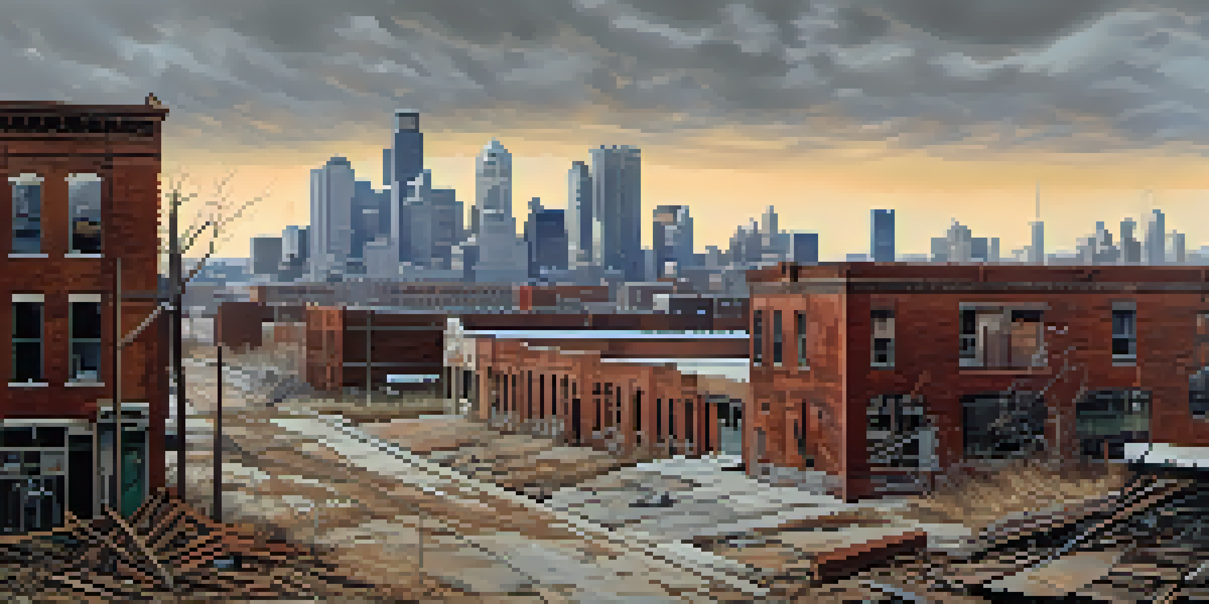 A panoramic view of Detroit's skyline in the 1980s, showing dilapidated buildings under a cloudy sky and abandoned streets.