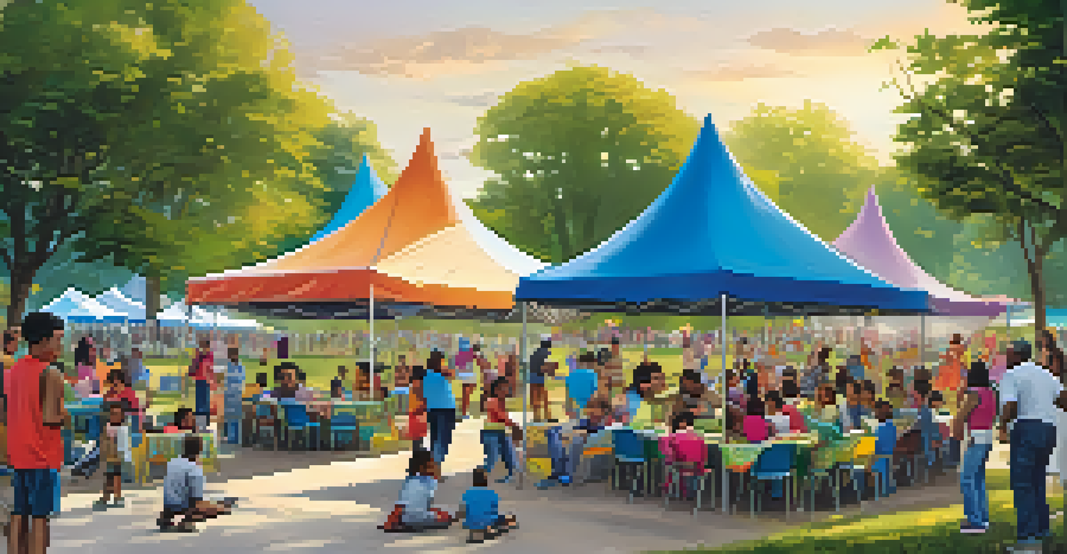 A community event in a park with families participating in educational workshops and local artists painting murals.