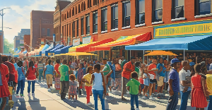A lively street scene in Detroit featuring a community engagement event focused on education, with diverse families and educators interacting under colorful banners.