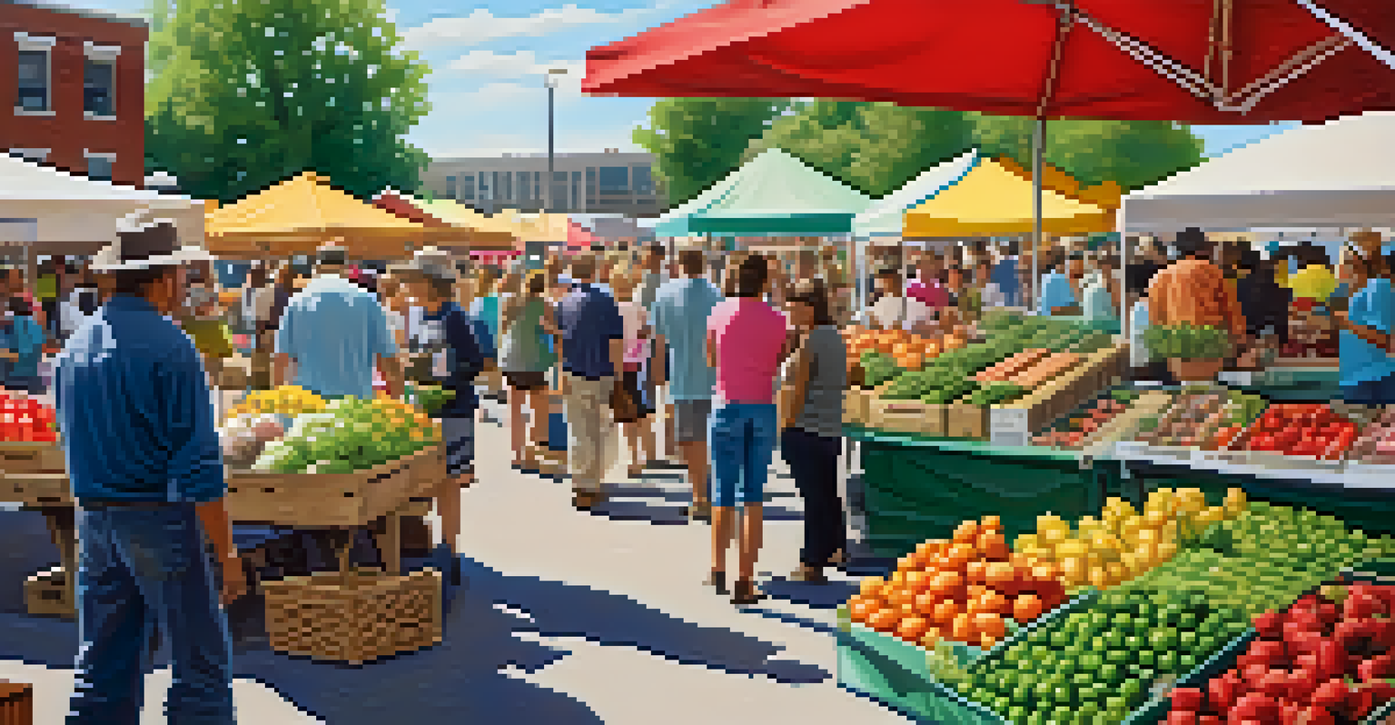 A close-up of a community farmer's market in Detroit with vendors selling fresh produce and families enjoying the vibrant atmosphere.