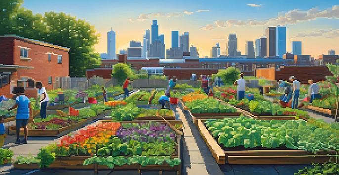 A community garden in Detroit with people planting vegetables and flowers, surrounded by colorful plants and a bright skyline in the background.