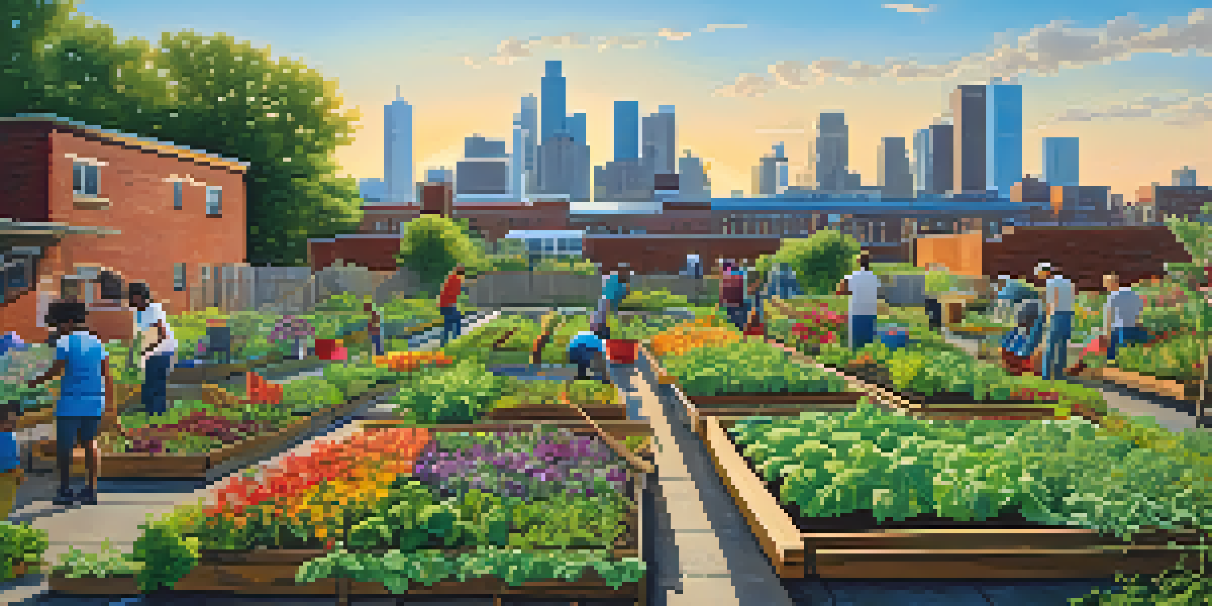 A community garden in Detroit with people planting vegetables and flowers, surrounded by colorful plants and a bright skyline in the background.