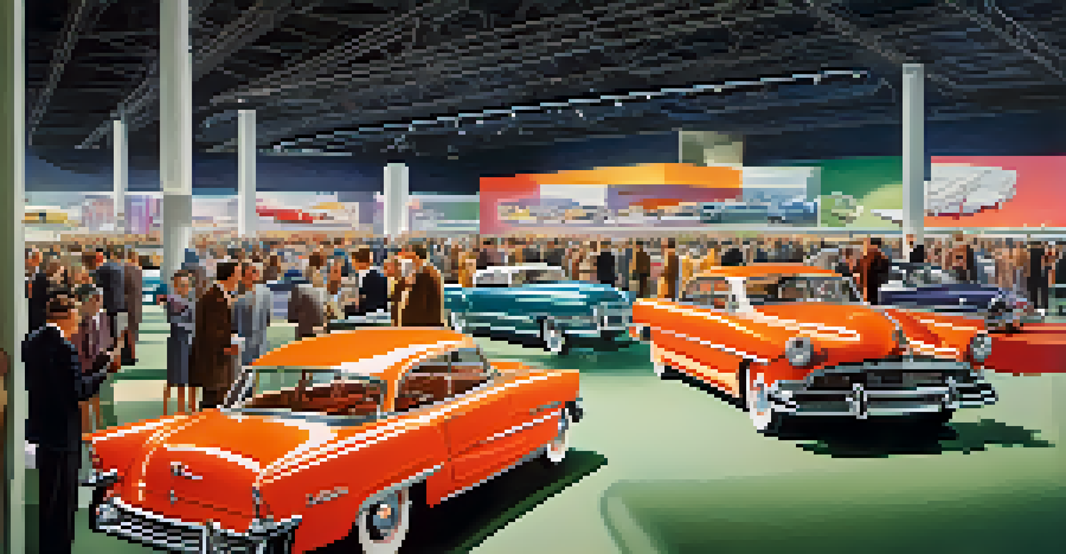 A vibrant scene from the 1950s Detroit Auto Show showcasing international car models and attendees engaged in discussions.