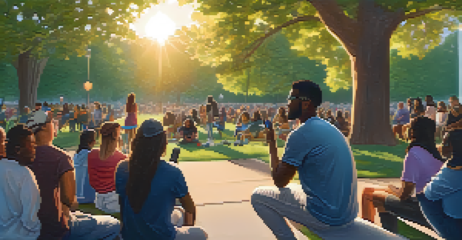 An influencer live streaming an event in a park in Detroit, surrounded by attentive community members with a sunset backdrop.