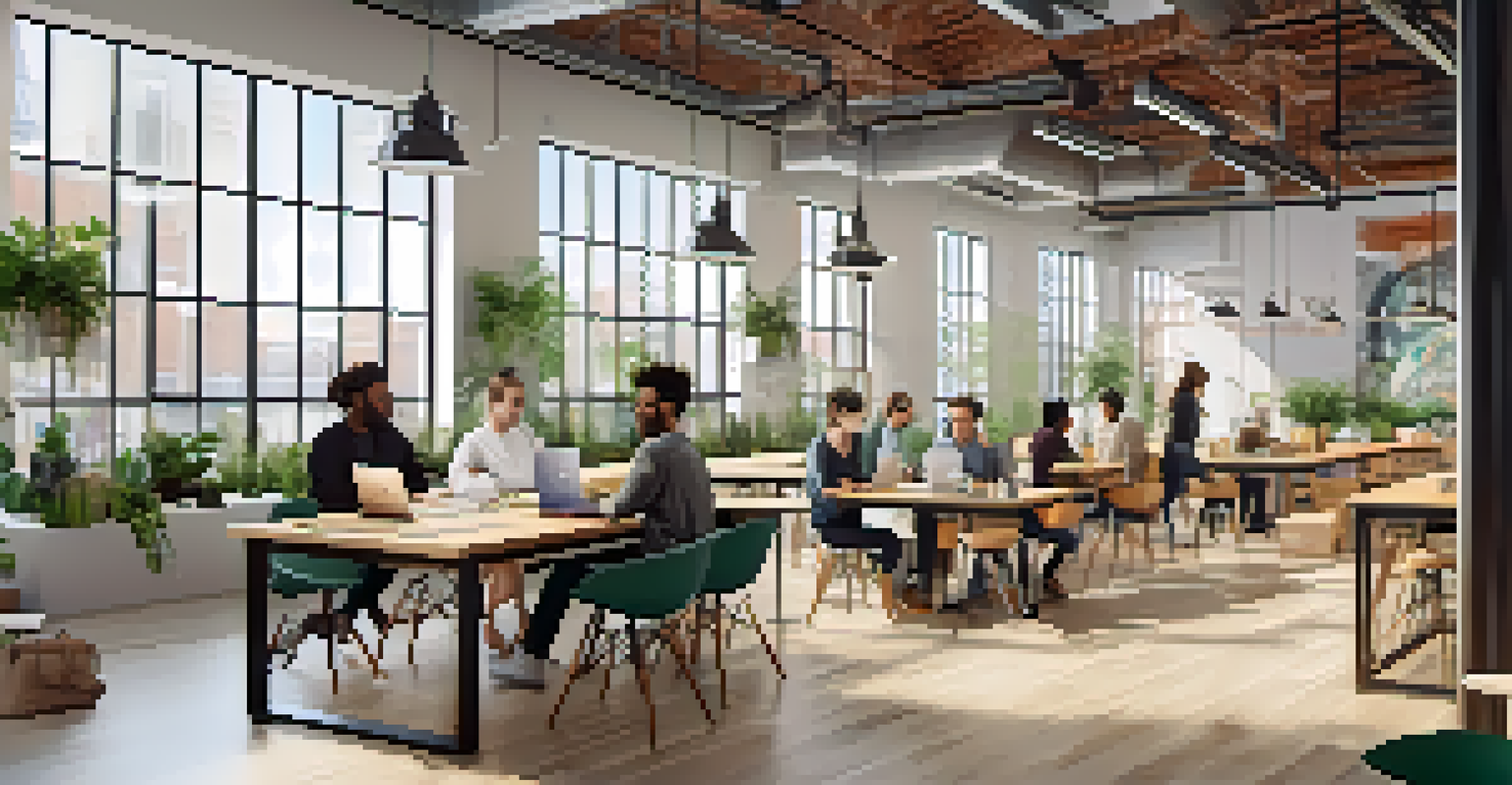 A contemporary coworking space in Detroit with diverse individuals collaborating at tables, illuminated by natural light from large windows.
