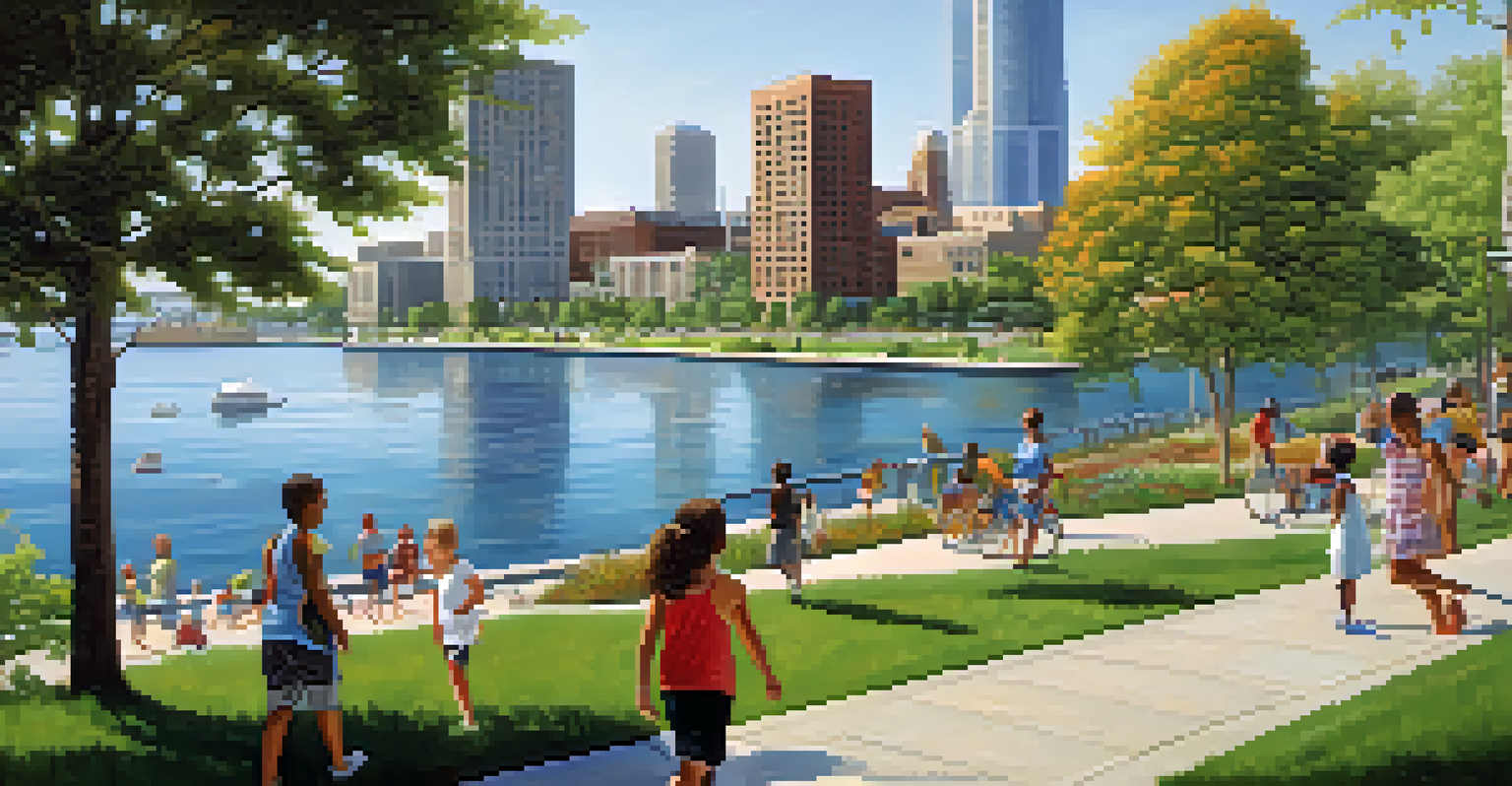 The revitalized Detroit Riverfront with families enjoying activities, children playing, and artists painting, set against a backdrop of modern buildings and a clear sky.