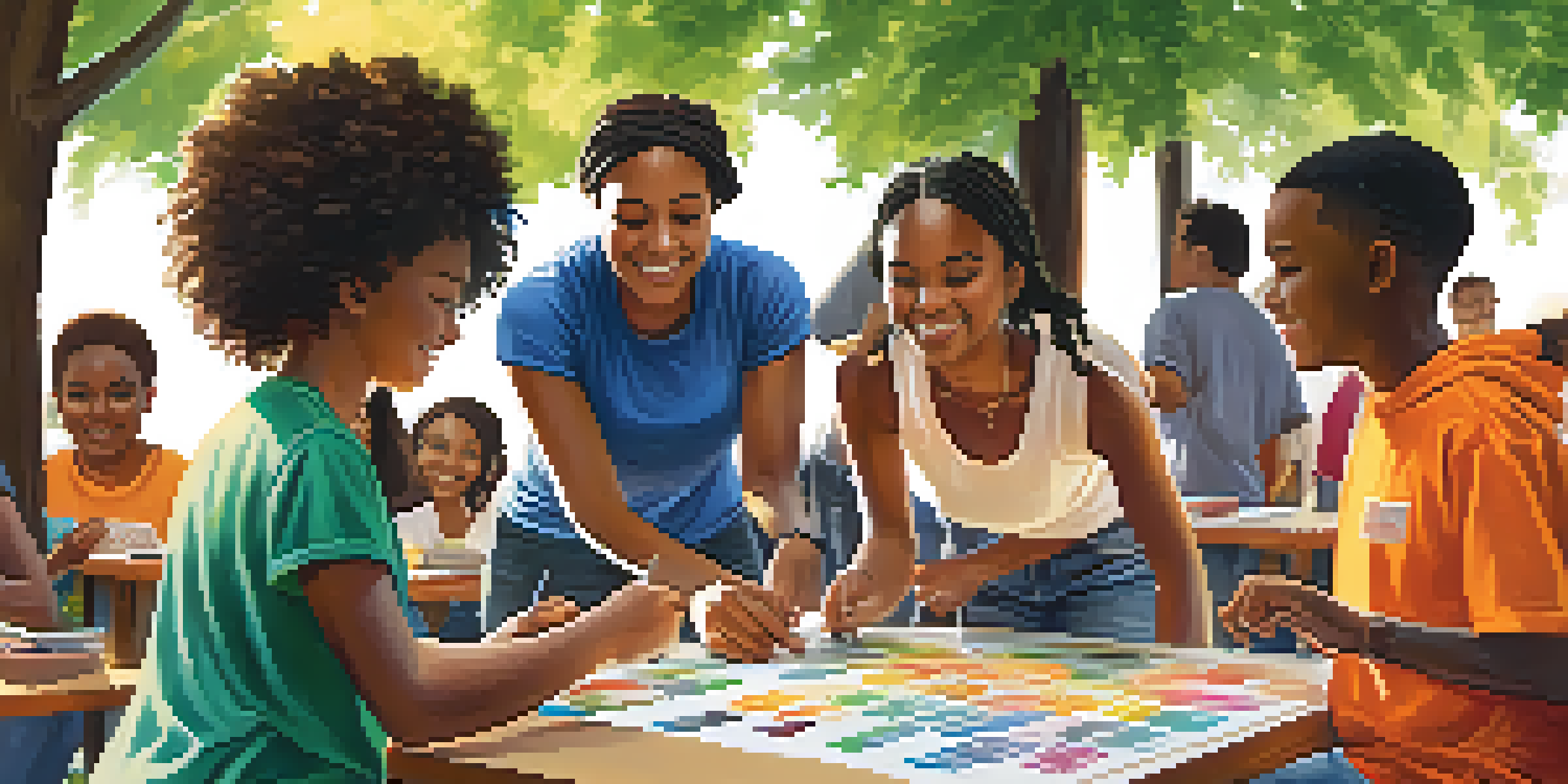 A lively outdoor workshop in Detroit with diverse young people engaging with mentors and participating in activities, surrounded by colorful banners and resources.