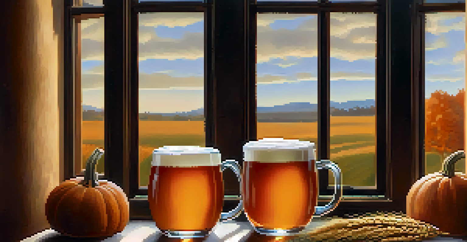 Close-up of a pumpkin ale in a clear glass surrounded by pumpkins and wheat, illuminated by sunlight.